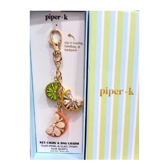 🔹Piper K🔹️ Rose Quartz  Lime Lemon Key Chain & Bag Charm Glass Pearl  Stones - Picture 1 of 6